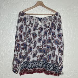 Chaps Women's White Paisley Scoop Neck  Lightweight Peasant Blouse XL Petite